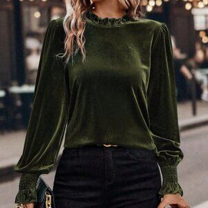 Army Green Casual Women's Elegant Puff Sleeve Blouse
